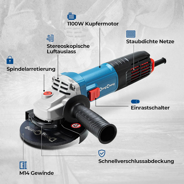 DongCheng Winkelschleifer 1100W, 125mm, Leerlaufdrehzahl:11.800min-1, Schnellverschlussabdeckung, Zu