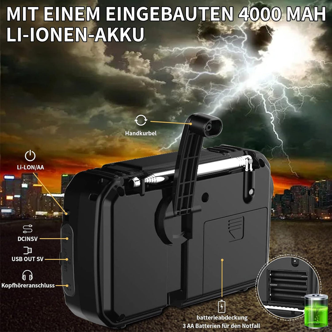 Solar Radio, AM/FM Tragbar Kurbelradio Dynamo Notfallradio mit 4000mAh Wiederaufladbare Batterie, Le