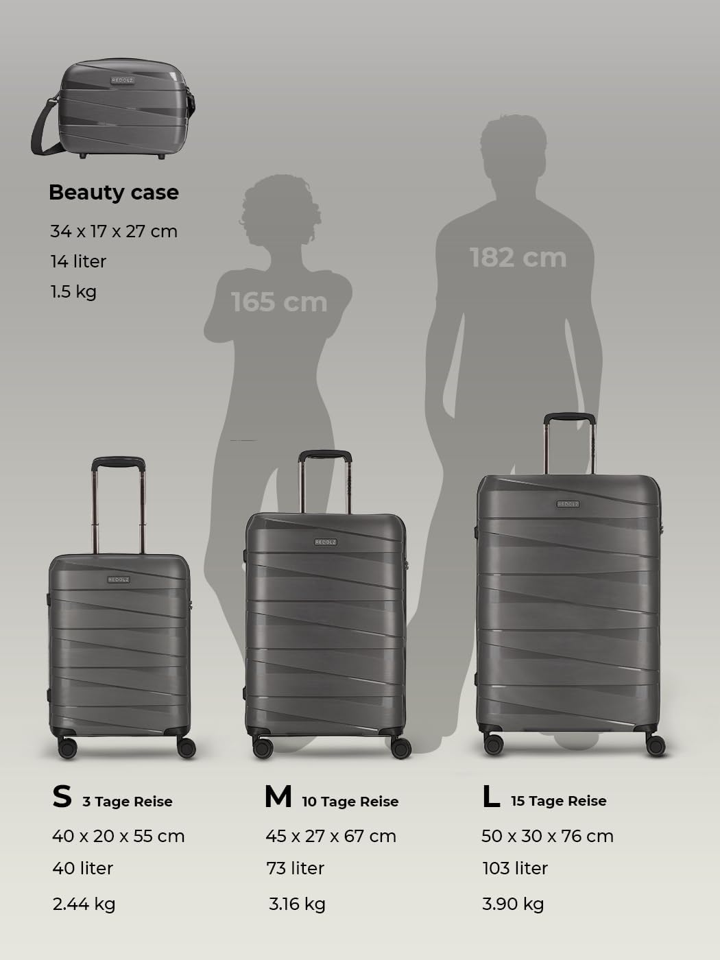 REDOLZ Hartschalen Check-in Koffer | Mittelgrosser Trolley 45 x 27 x 67 cm aus hochwertigem, leichte
