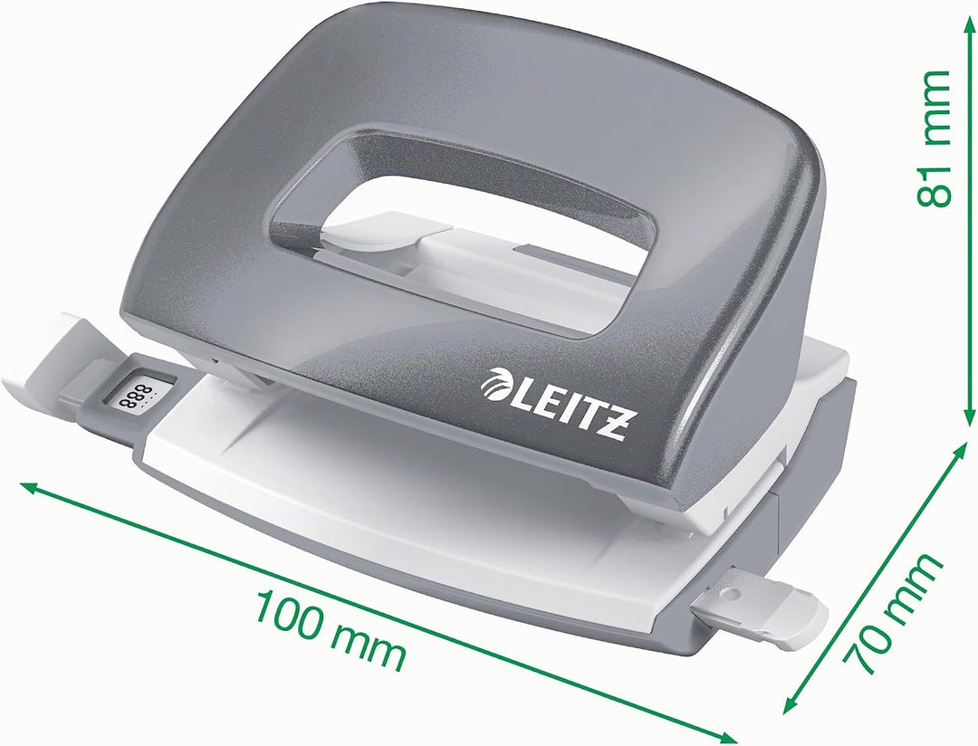 Leitz 55996062 Mini-Heftgerät-und Locher-Set (für bis zu 10 Blatt, Inkl. Heftklammern, WOW) metallic