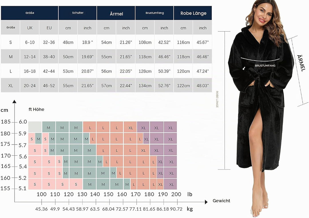 Vlazom Damen Winter Bademantel Flanell mit Kapuze Langärme Morgenmantel Saunamantel Flauschiger Robe
