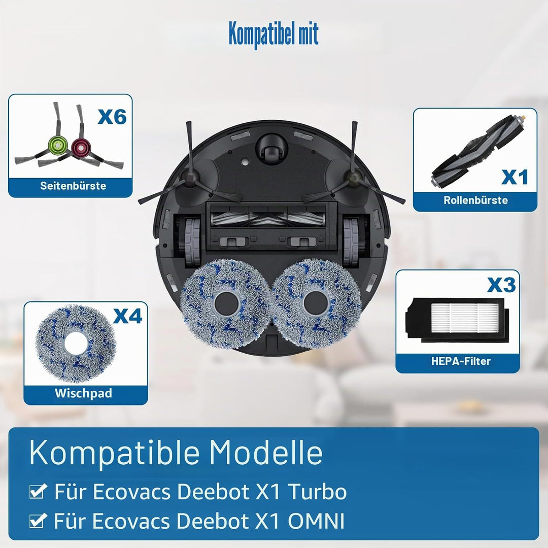 Ersatz-Zubehör-Set für Ecovacs Deebot X1 Turbo/Omni-Roboter-Staubsaugerteile, 1 Hauptbürste, 6 Seite