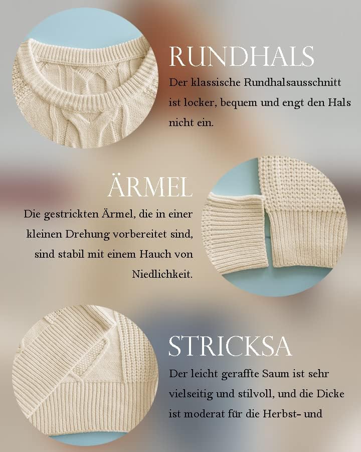 ANCAPELION Damen Kabel Pullover,Winter Casual Leicht Rundhals Langarm Einfarbig Elegant Gerippt Stri