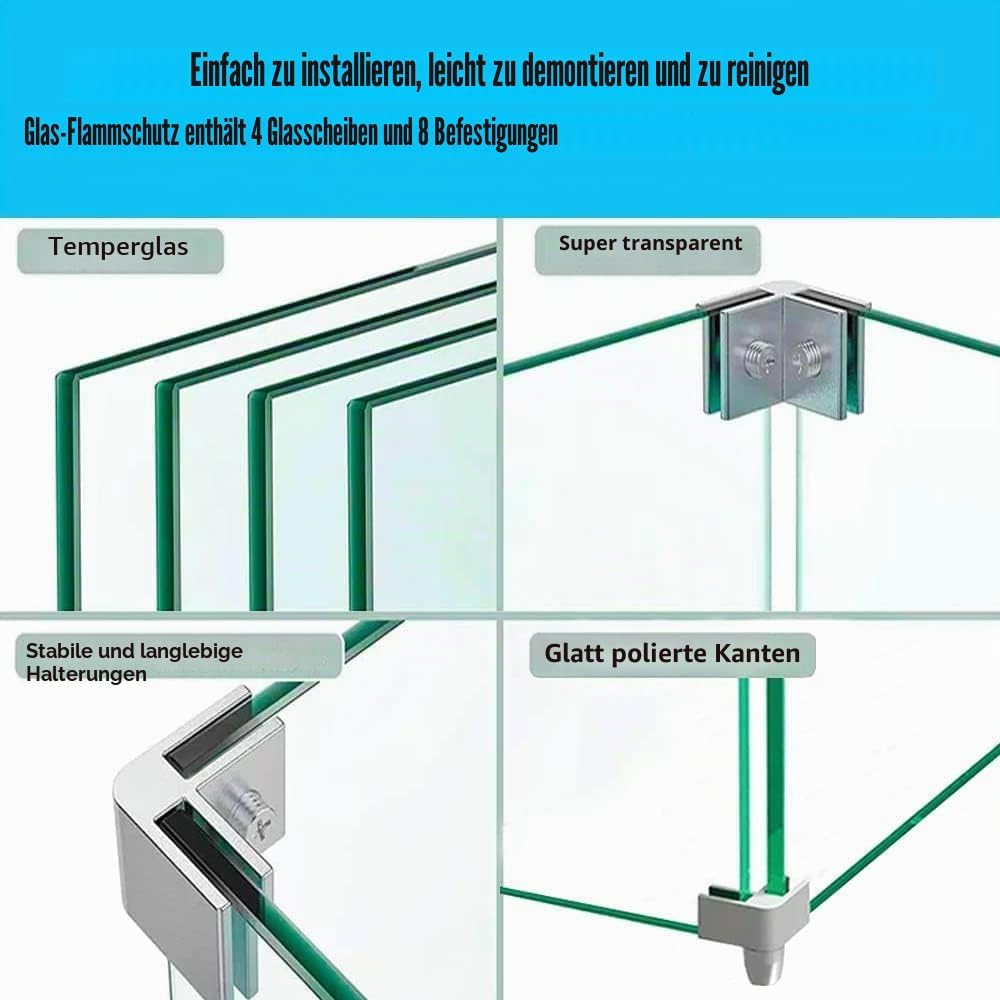 MESIDA 45 x 45 x 15 cm Feuerstelle, Glas-Windschutz, gehärtetes Glas, Feuerstelle, Tischschild, dick