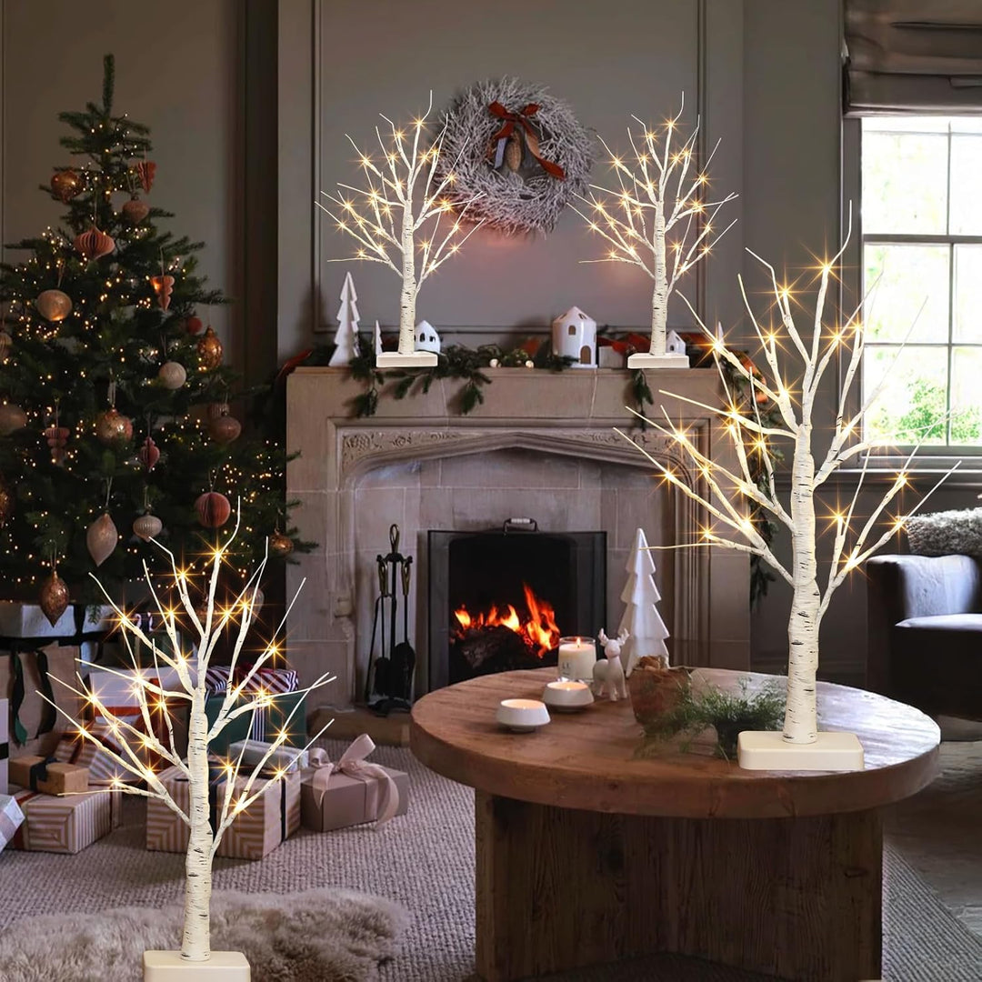 4er Set Lichterbaum mit 24 Warmweissen LEDs Birken Bäumchen mit Timer-Funktion Dekozweige Batteriebe
