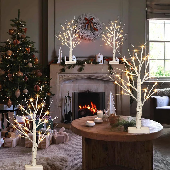 4er Set Lichterbaum mit 24 Warmweissen LEDs Birken Bäumchen mit Timer-Funktion Dekozweige Batteriebe