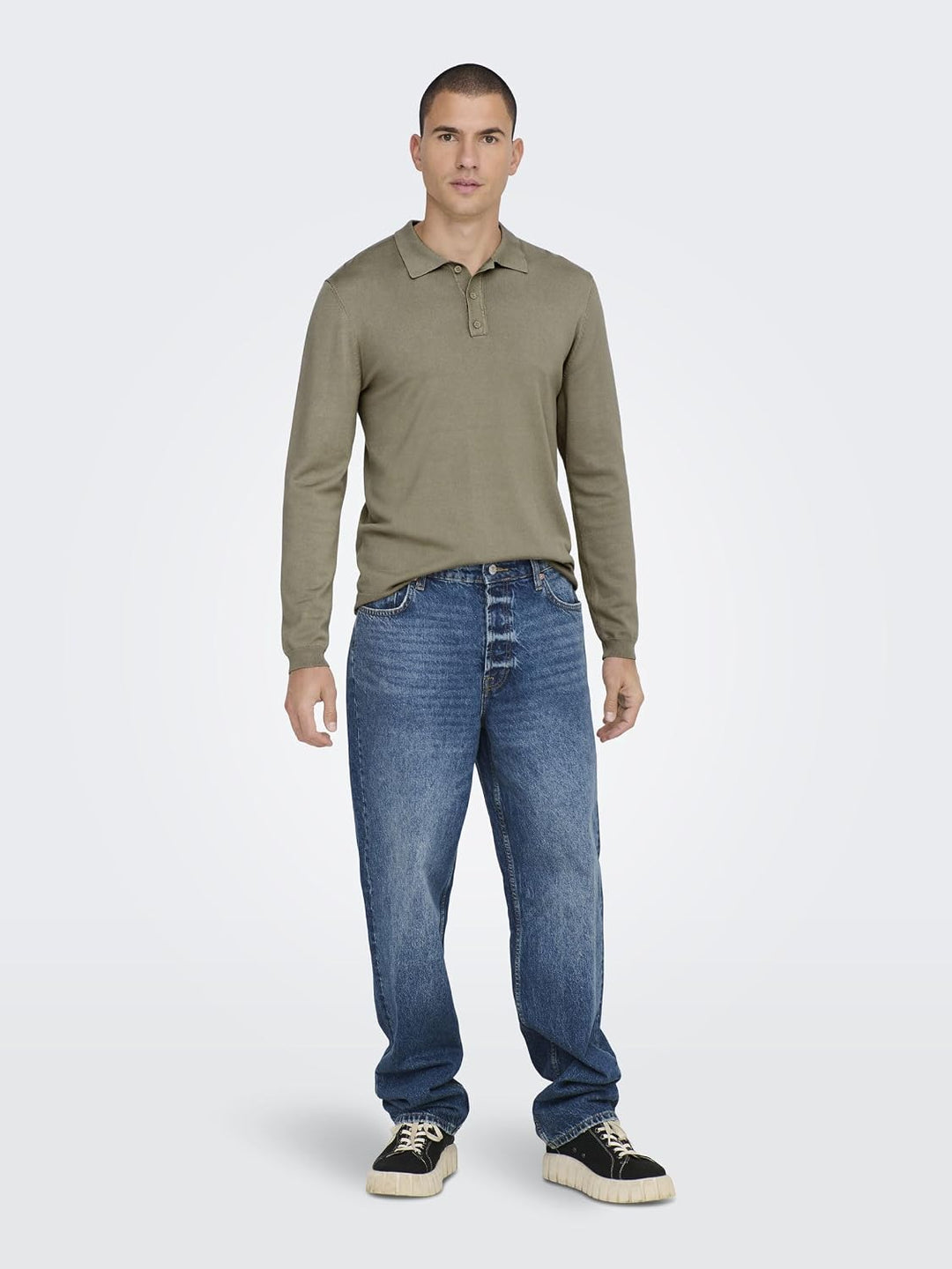 Herren O&amp;S Polo Langarm Shirt Basic Pullover aus Baumwolle Longsleeve Knitted Sweater ONSWYLER, Chin