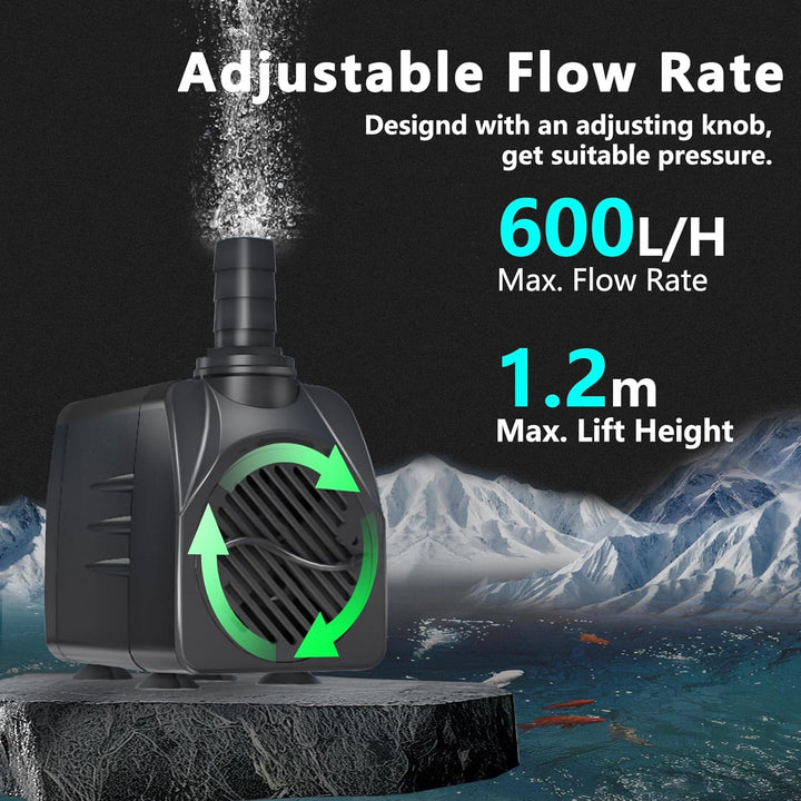 Springbrunnenpumpe 10W 600L/H Schutz vor überhitzung Funktion Ultra Leise Teichpumpe Wasserpumpen Mi