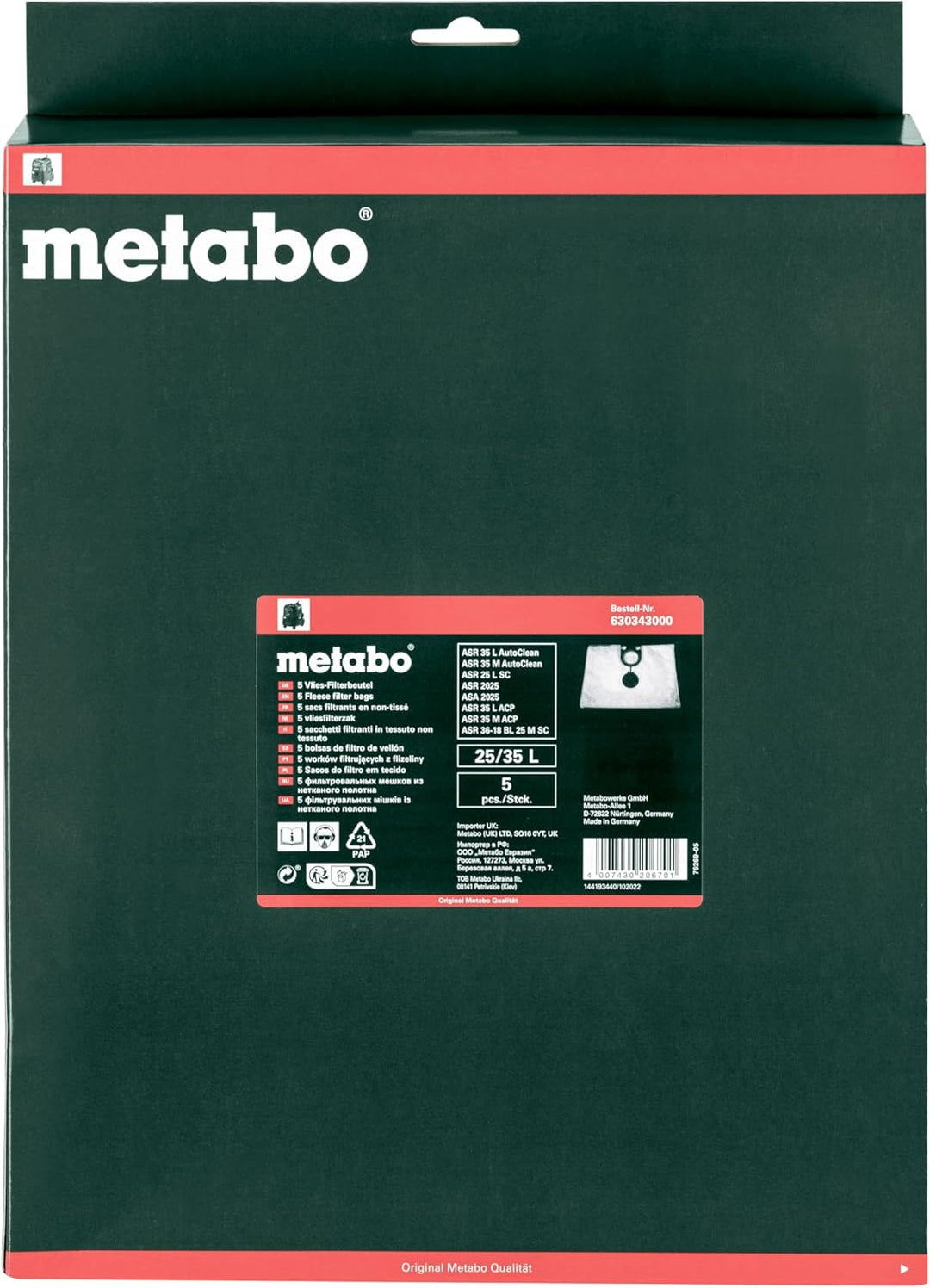metabo 5 Vlies-Filterbeutel 25/35L - Für ASR 25/35 L, ASA 25 L - Staubsaugerbeutel für Feinstaub, la
