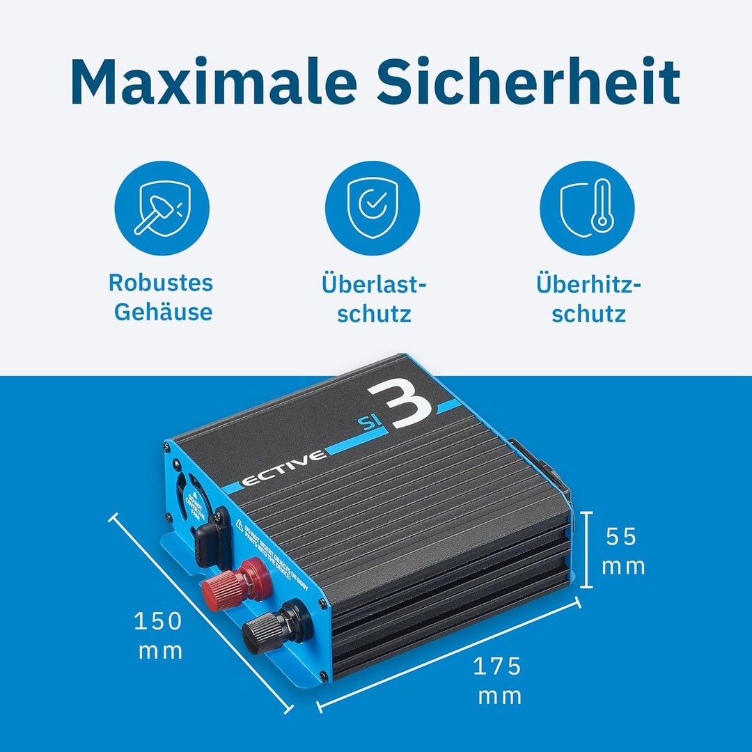 ECTIVE Reiner Sinsus Wechselrichter SI3-300W, 12V auf 230V, USB, Überlastschutz, Überhitzungsschutz,