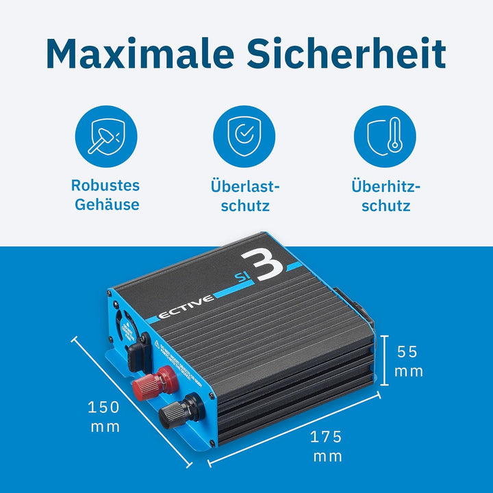 ECTIVE Reiner Sinsus Wechselrichter SI3-300W, 12V auf 230V, USB, Überlastschutz, Überhitzungsschutz,