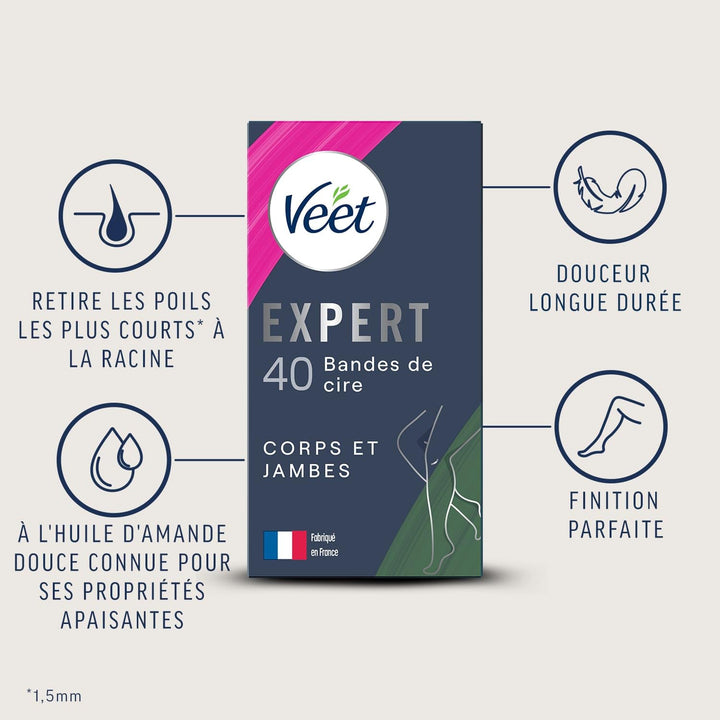 Veet Expert – 40 Kaltwachsstreifen für trockene Haut – langanhaltende Haarentfernung – perfektes Fin