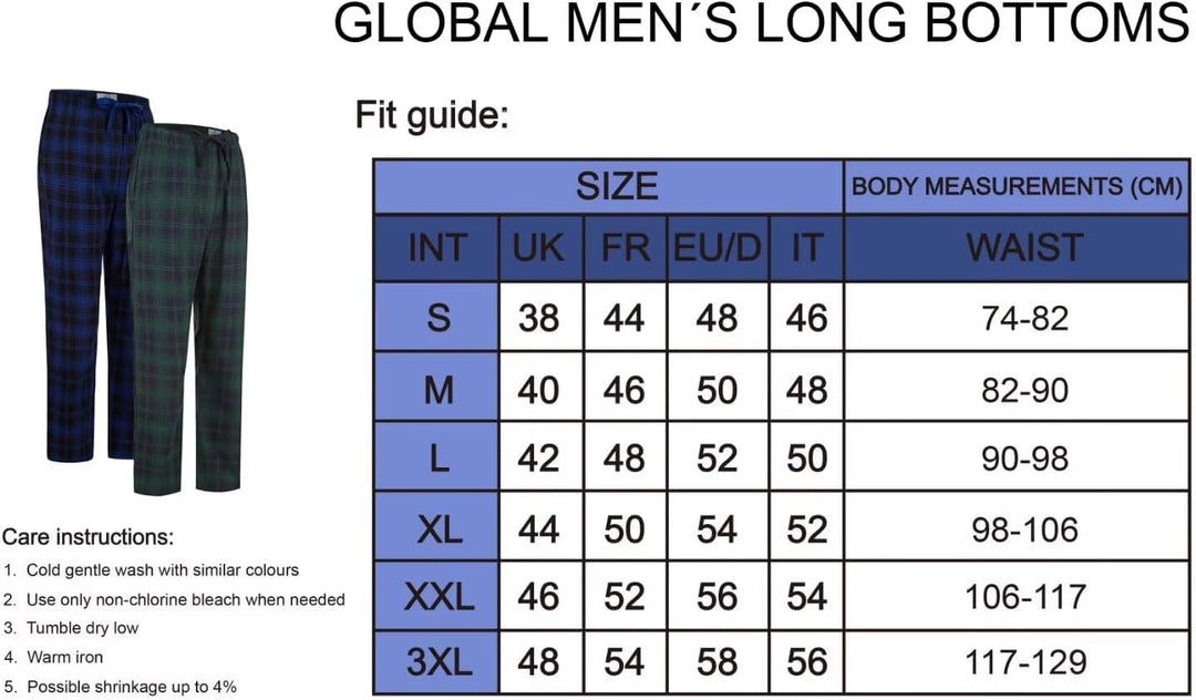 GLOBAL Herren Schlafanzughose 100% Baumwolle Flanell S Blau Kariert &amp; Grün Kariert 2, S Blau Kariert