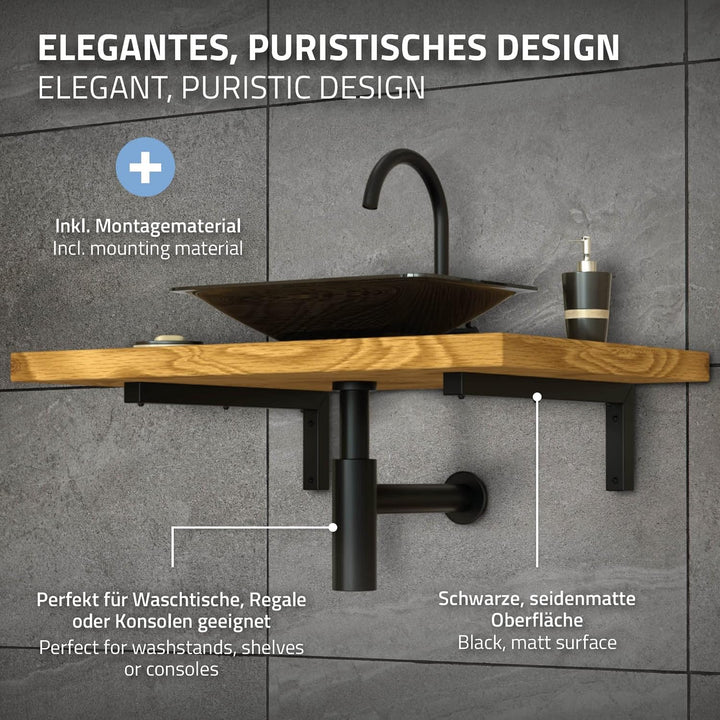 ML-Design 2er Set Wandkonsole Winkel L-Form für Waschtisch, 450x150 mm Schwarz Stahl, Design Waschti
