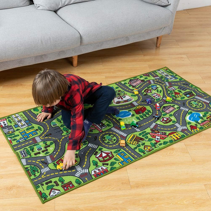 JOYIN Teppich Kinderzimmer 80x150cm mit 12 Mini Auto Spielzeug für Kinder, Spielteppich Strasse Kind
