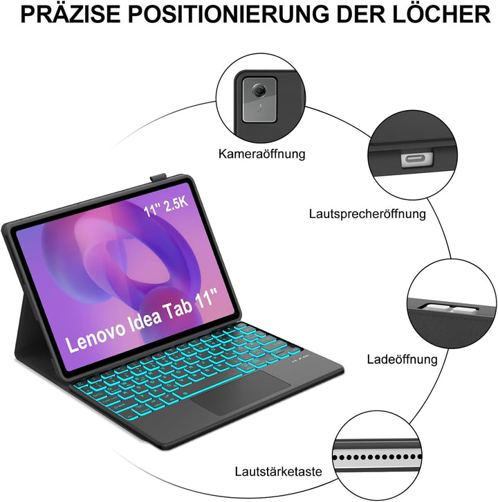 IVEOPPE Hülle mit Tastatur für Lenovo idea Tab 11" 2025 Con Touchpad, 7 Farbige Beleuchtung Bluetoot