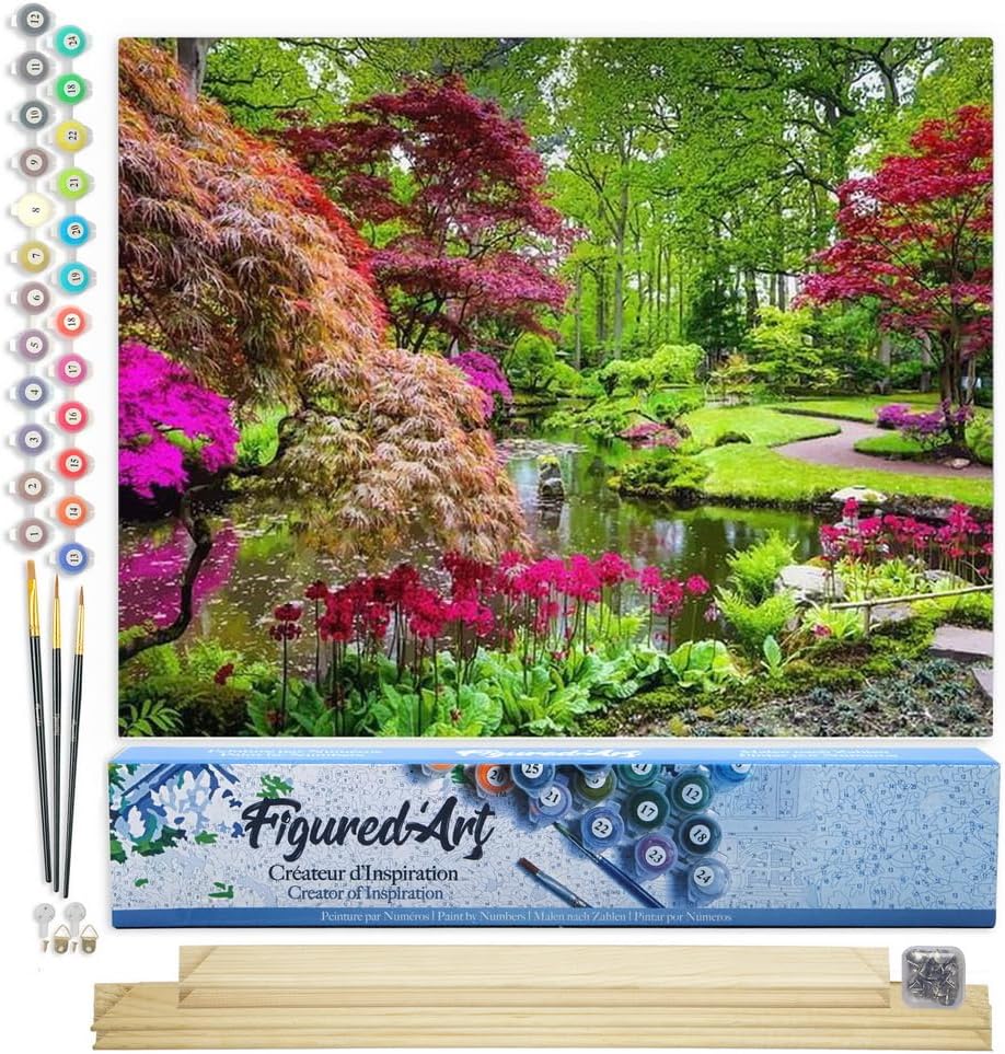 Figured'Art Malen Nach Zahlen Erwachsene Mit Rahmen Blühender Park - Paint by Numbers Basteln DIY Ba