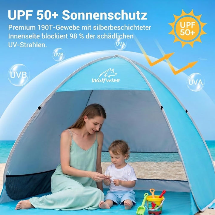 Wolfwise Strandmuschel Pop Up, UPF50+ Sonnenschutz, tragbar mit Tragetasche, sofortiger und einfache