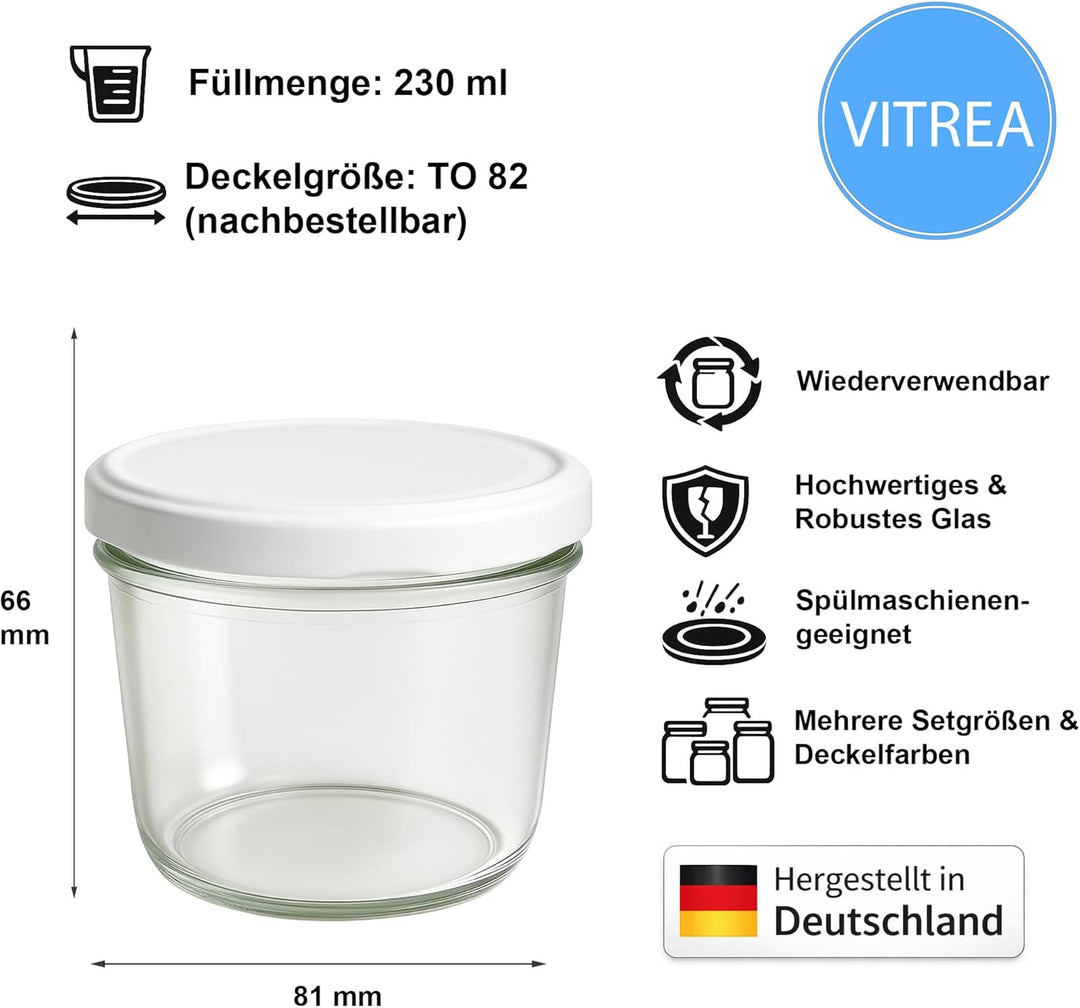 Vitrea 100x Marmeladengläser 230 ml - mit Deckel Weiss TO 82 - Einmachgläser zum befüllen mit Schrau