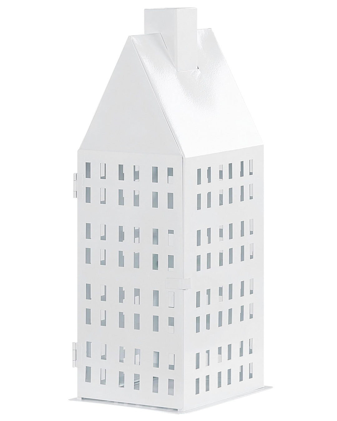 Laterne weiss Metall mit Glaseinsatz Hausmotiv fensterförmige Löcher 40 cm Dolok