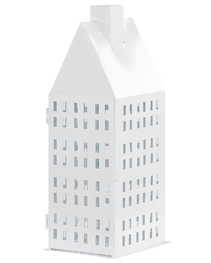 Laterne weiss Metall mit Glaseinsatz Hausmotiv fensterförmige Löcher 40 cm Dolok