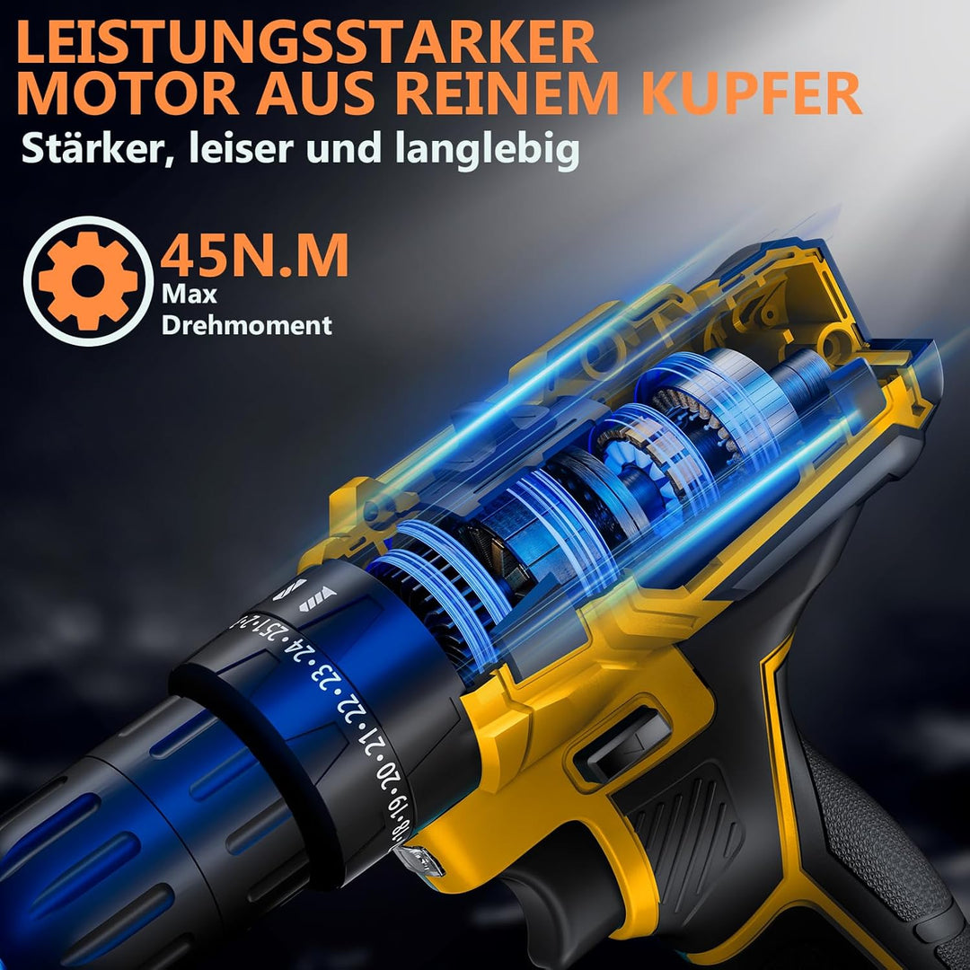 Akkuschrauber, 21V Akku Bohrschrauber Set mit Akku 1×2000mAh 45Nm Drehmoment Max 25+3 Drehmomentstuf