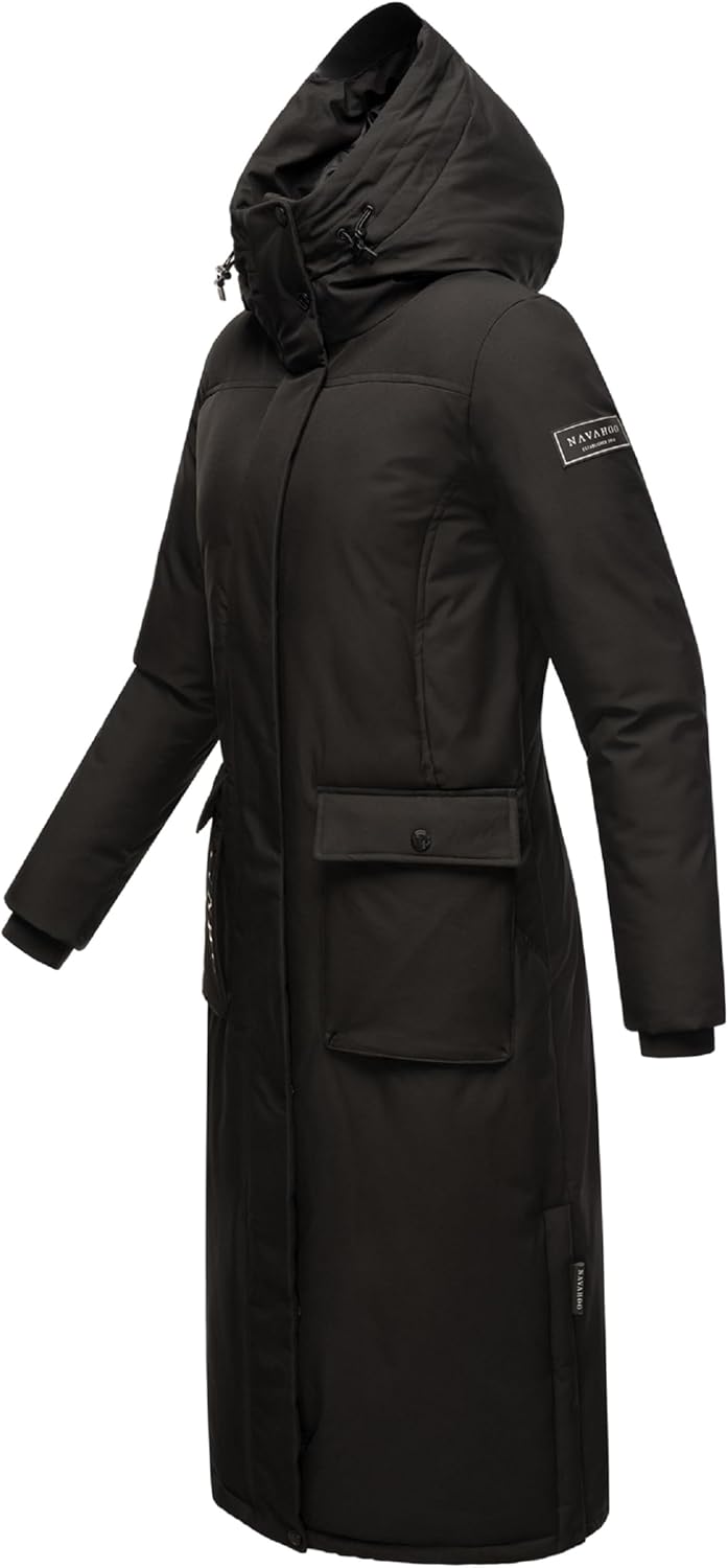 Navahoo Damen Wintermantel Warmer Mantel extralang mit Kapuze Wolkenfrost XIV XS-XXL XL Schwarz, XL