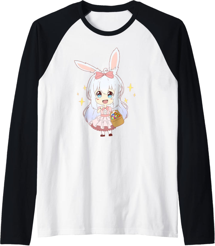 Japanische Anime Ostermädchen Kawaii Hasenohren und Eiersuche. Raglan