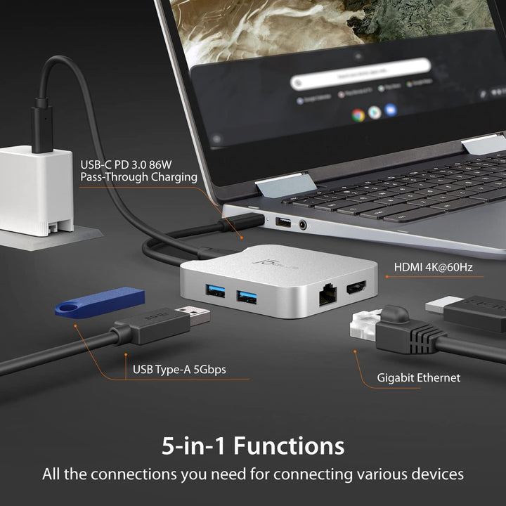 j5create USB C Hub [Funktioniert mit Chromebook Certified] - 4K 60Hz HDMI, 100W PD, 2 x USB-A, Ether