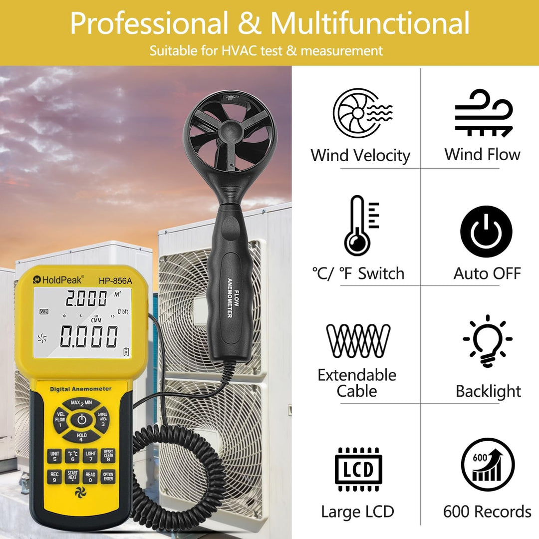 Holdpeak 826 A Anemometer, digital, Windgeschwindigkeit/Temperaturmessgerät mit Datenlogger-Funktion