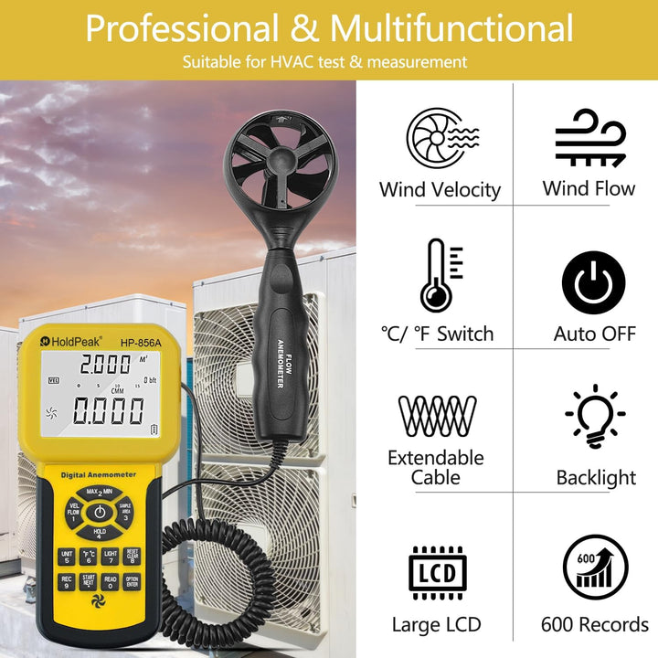 Holdpeak 826 A Anemometer, digital, Windgeschwindigkeit/Temperaturmessgerät mit Datenlogger-Funktion