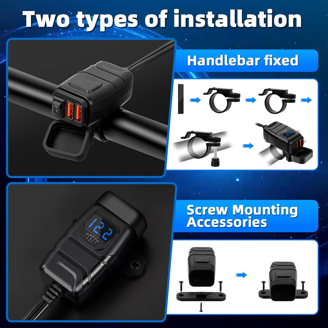12V USB Steckdose Motorrad, Motorrad USB Ladegerät mit EIN-/Ausschalter und LED-Spannungsmesser, QC3
