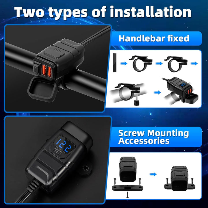 12V USB Steckdose Motorrad, Motorrad USB Ladegerät mit EIN-/Ausschalter und LED-Spannungsmesser, QC3