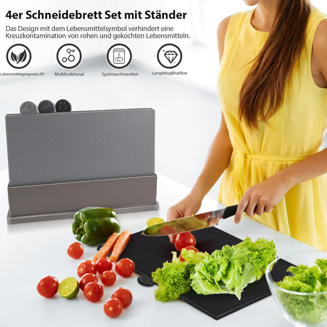 MASTERTOP Schneidebretter Kunststoff Set, 4er Schneidebrett Set mit Ständer, Index Schneidebrett Spü