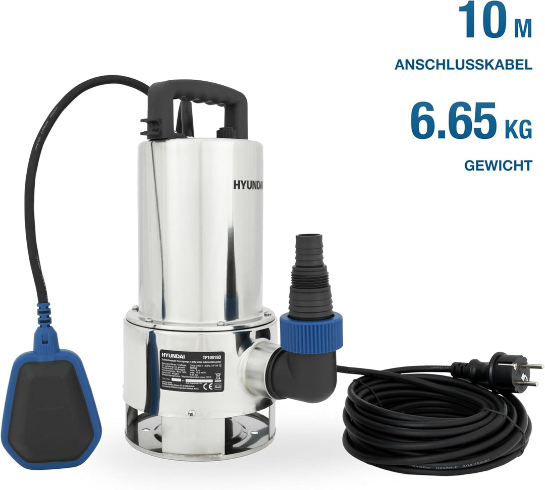 HYUNDAI Schmutzwasser-Tauchpumpe TP10019D | 1000 W, Fördermenge 19.500 l/h, | Eintauchtiefe: max. 7