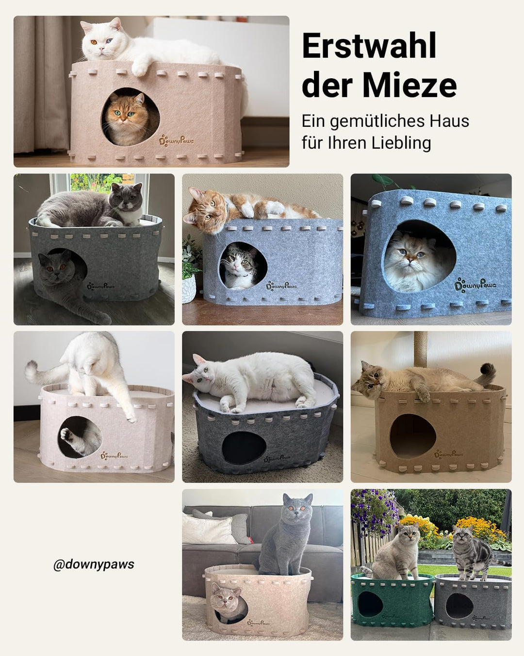 Katzenhöhle Filz, Katzenhaus aus Filz, Katzenbett, Katzenhöhle für Katzen, 58 x 33 x 30cm, Peek-a-Bo
