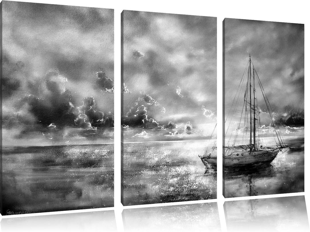 Pixxprint Monocrome, Schönes Gemälde eines Bootes 3-Teiler Leinwandbild 120x80 Bild auf Leinwand