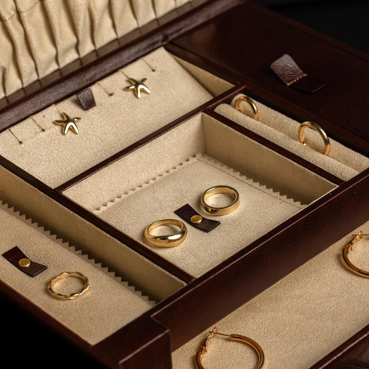 Time Resistance Braun Leder-Schmuckkästchen Vollnarbenleder Schmuck Organizer Aufbewahrung von Acces