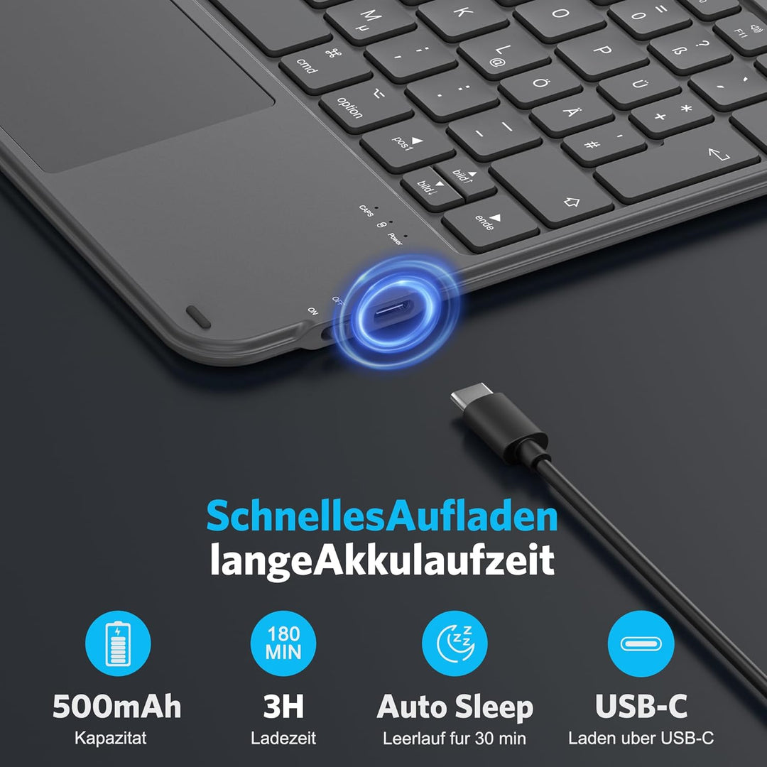 Emetok Deutsche Bluetooth Tastatur für iPad 11(11.Gen)/10.9(10.Gen)/10.2(9-7.Gen)/Pro 13/11/12.9, QW