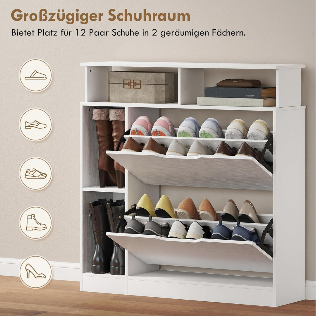 HOMCOM Schuhschrank mit 2 Klappen Schmal Schuhkipper mit Verstellbar Trennwand, offenem Fach Schuhre