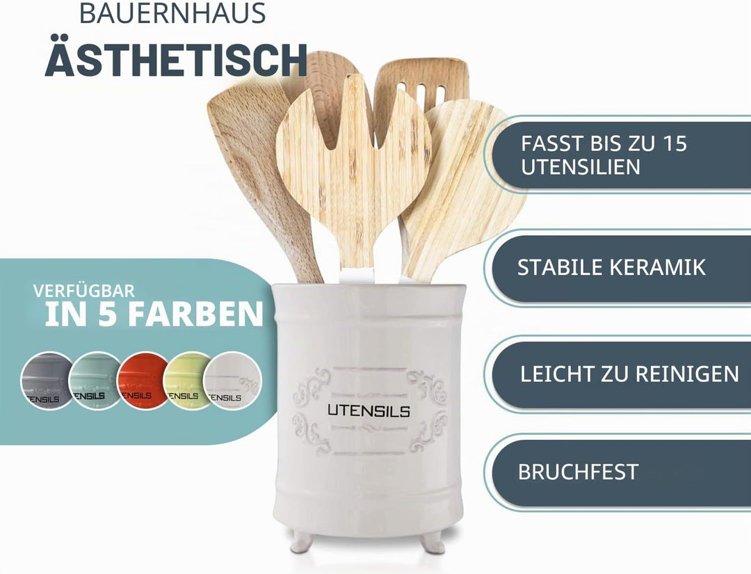 Comfify Französischer weisser Keramik-Utensilienhalter - Vintage Style Kochgeschirr Caddy - Antikes