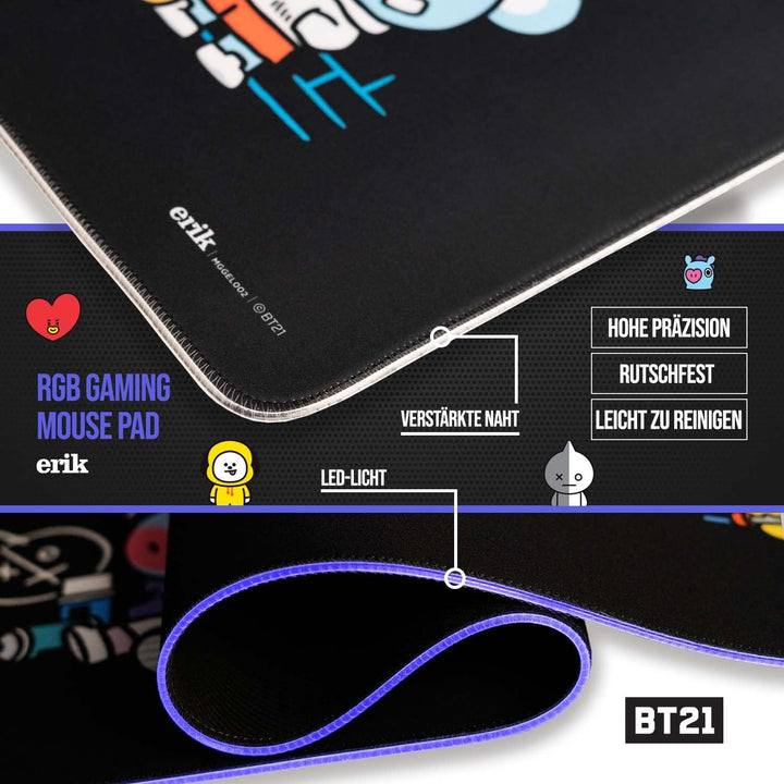 Mousepad - Mauspad LED BT21 - RGB Mauspad XXL 14 LED-Licht-Modus mit rutschfestem Gummigrundfläche u