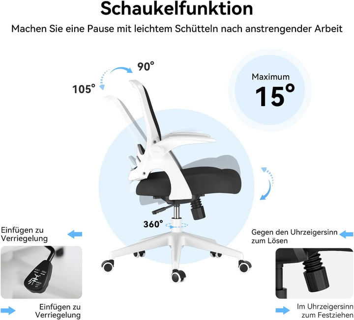 Hbada Bürostuhl Ergonomischer Schreibtischstuhl Drehstuhl mit klappbaren Armlehnen Mesh Computerstuh