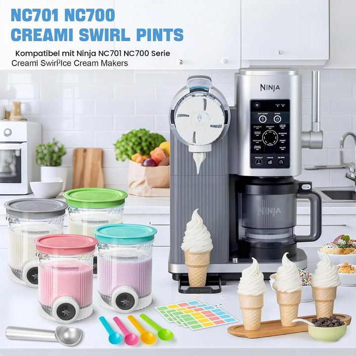 4 Stück Behälter für Ninja Swirl by CREAMi, Swirl Pints und Deckel Kompatibel mit Ninja NC700/NC701E