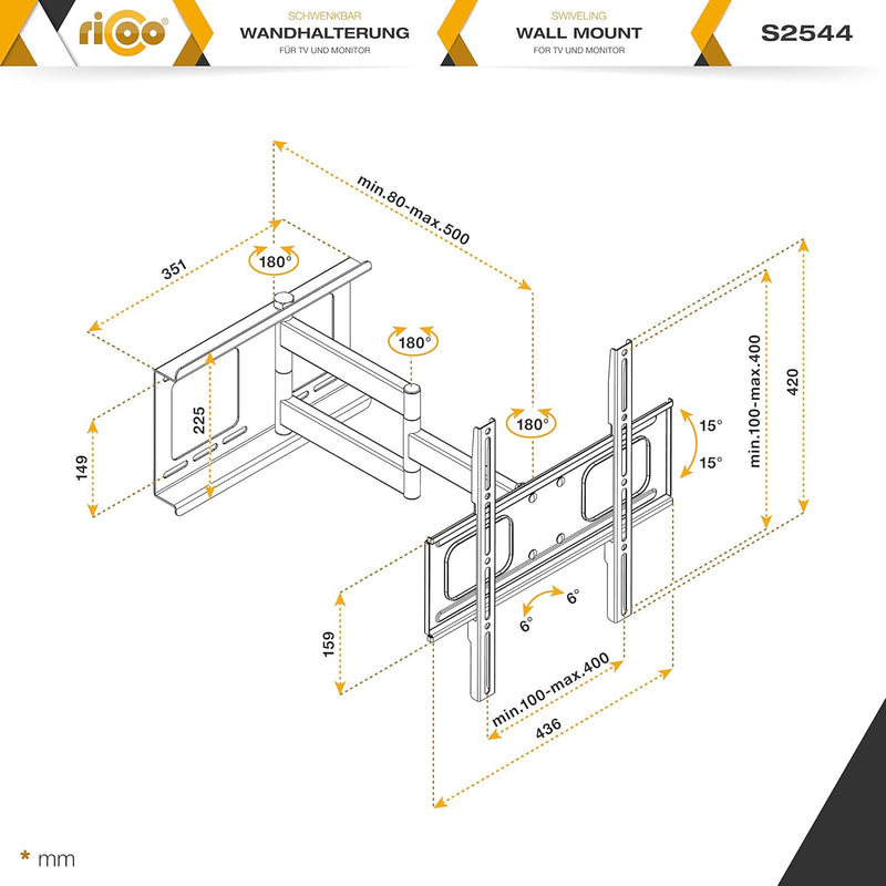 RICOO TV Wandhalterung Fernseher Schwenkbar Neigbar Flach für 32-60 Zoll, Universal TV Halterung S25