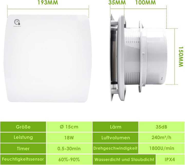 Badlüfter 150mm mit Feuchtigkeitssensor und Rückstauklappe timer, Badezimmerlüfter Wohnraumlüfter Ba