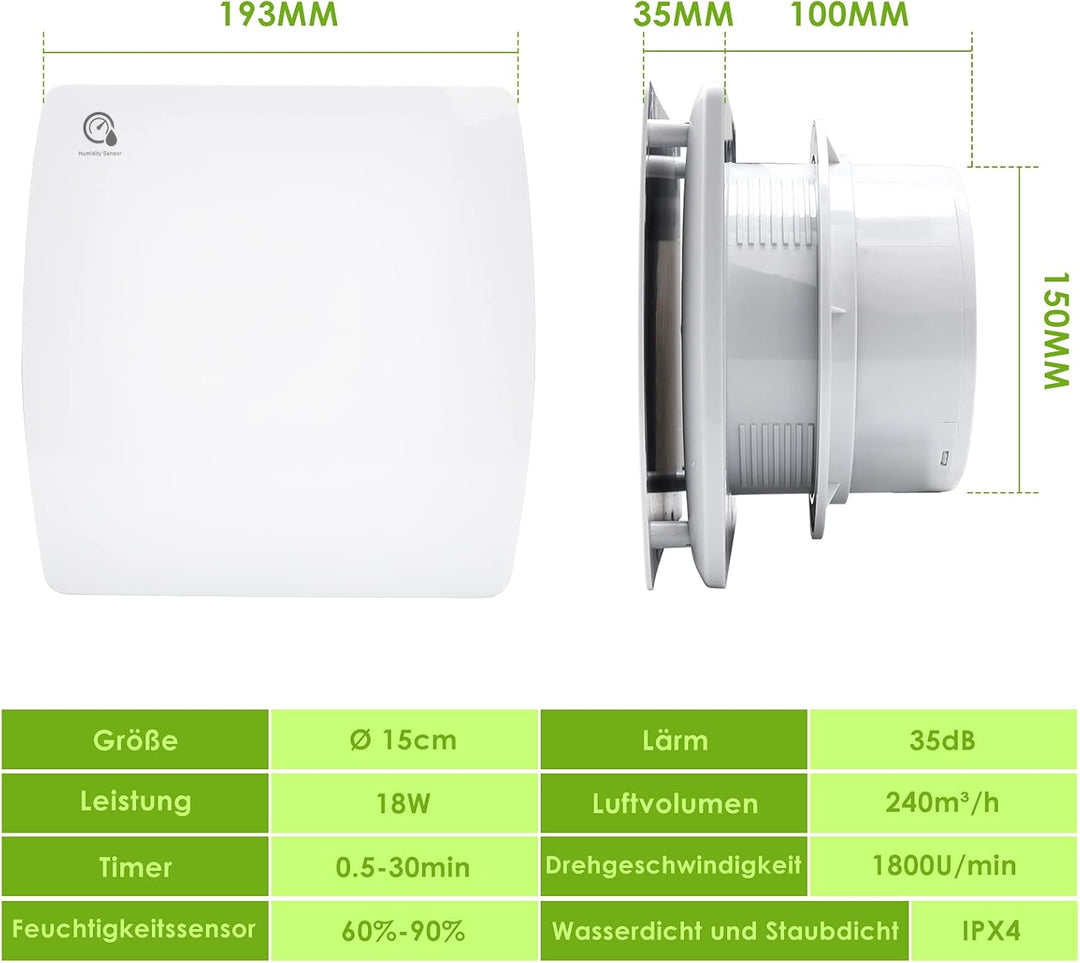 Badlüfter 150mm Silent Abluftventilator mit Feuchtigkeitssensor einstellbarer Nachlaufzeit, mit Timi