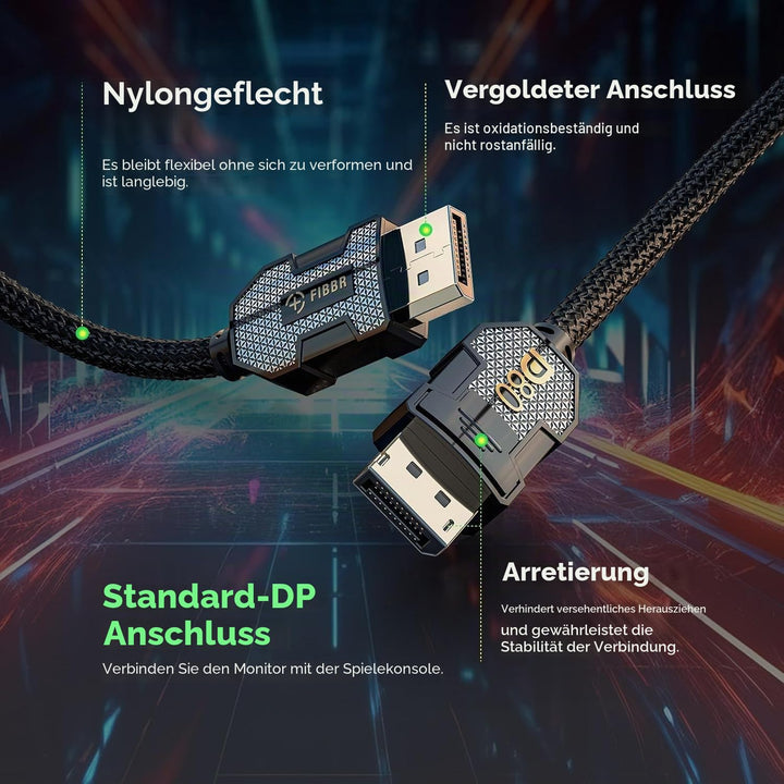 FIBBR Displayport 2.1 Kabel 2M, 16K@60Hz HDR, 80Gbps Hohe Geschwindigkeit DP Hafen Kabel, [VESA Zert