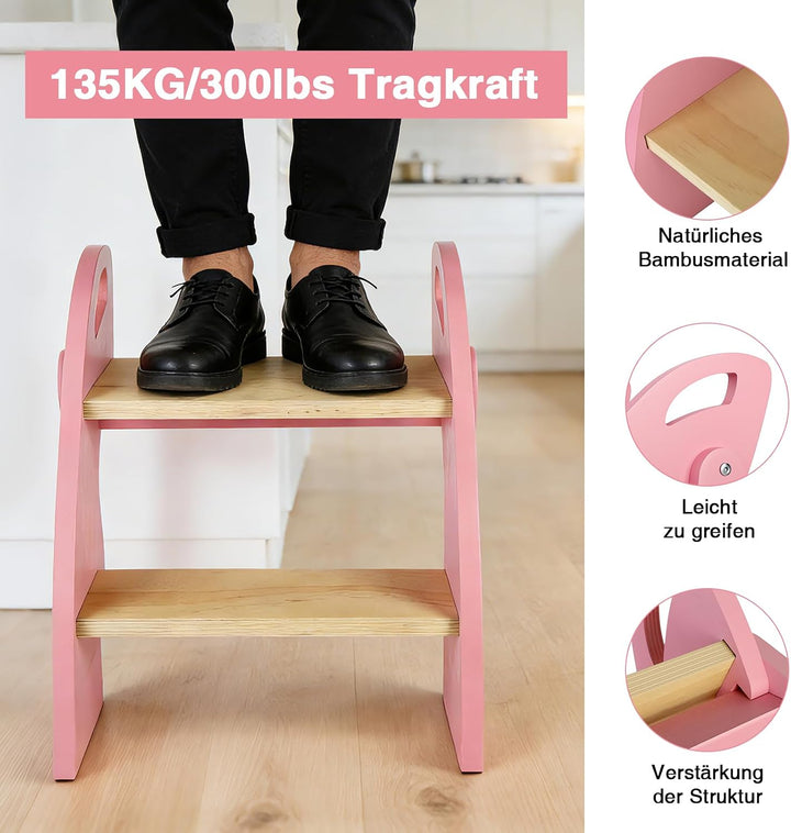 Tritthocker Kinder 2 Stufen, Trittleiter Klappbar Holz mit Griff, Tragfähigkeit bis zu 135KG, Tritts