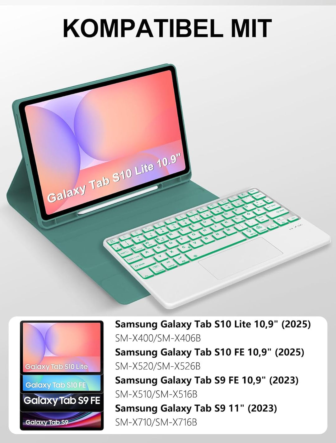JADEMALL Hülle mit Touchpad & RGB-Tastatur für Samsung Galaxy Tab S10 Lite/S10 FE/S9 FE 10,9" & S9 1